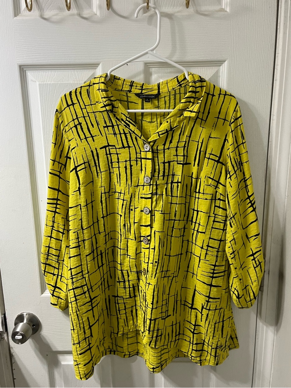 John Mark oversized yellow abstract grid yellow tunic button down tunic blouse
